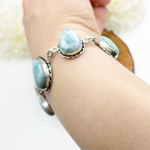 Blue Larimar Chunky Gemstone Bracelet Oval Pear New 925 Overlay - Picture 4 of 8